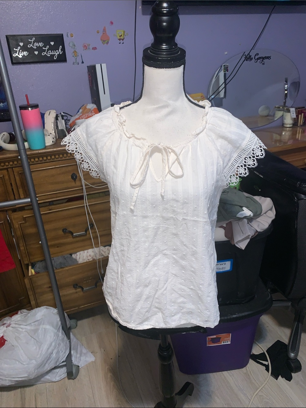 Mine Women’s Large Off White Eyelet Peasant Top Tie Neck Crochet